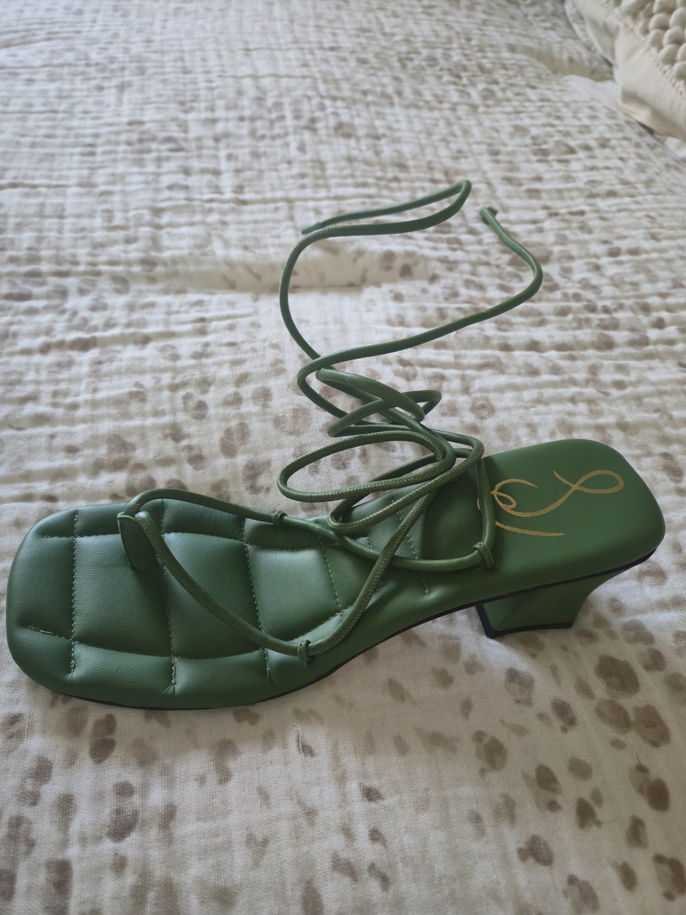 Sam Edelman Green Quilted Lace-Up Block Heel Sandal